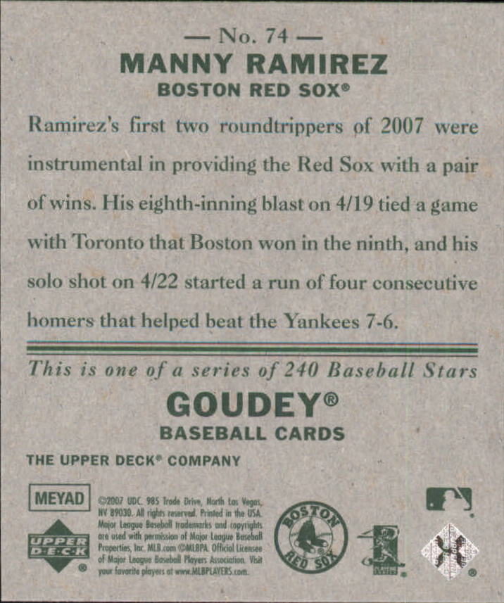 2007 Upper Deck Goudey #74 Manny Ramirez back image