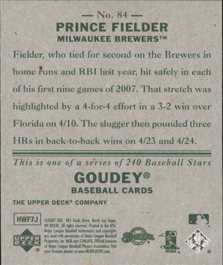 2007 Upper Deck Goudey #84 Prince Fielder back image