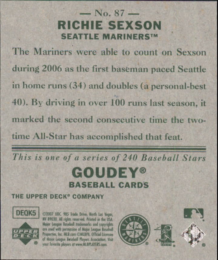 2007 Upper Deck Goudey #87 Richie Sexson back image