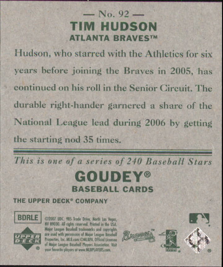 2007 Upper Deck Goudey #92 Tim Hudson back image