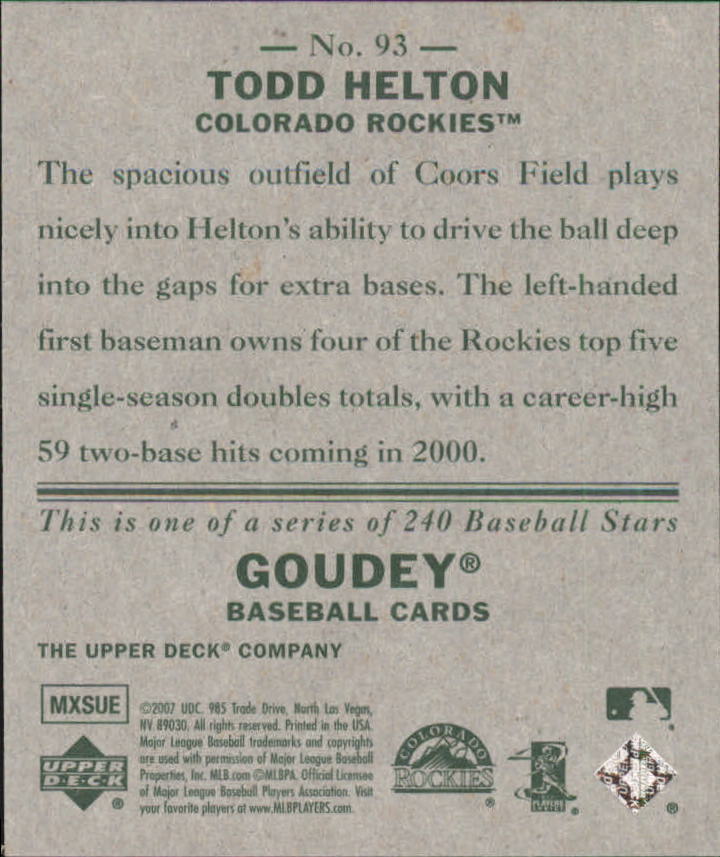 2007 Upper Deck Goudey #93 Todd Helton back image