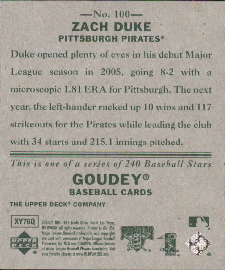 2007 Upper Deck Goudey #100 Zach Duke back image