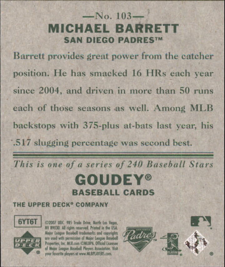 2007 Upper Deck Goudey #103 Michael Barrett back image
