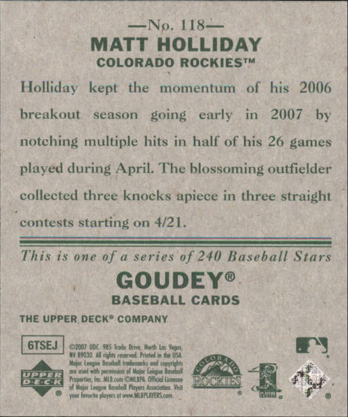2007 Upper Deck Goudey #118 Matt Holliday back image