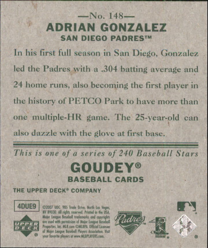 2007 Upper Deck Goudey #148 Adrian Gonzalez back image