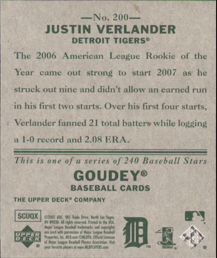 2007 Upper Deck Goudey #200 Justin Verlander back image