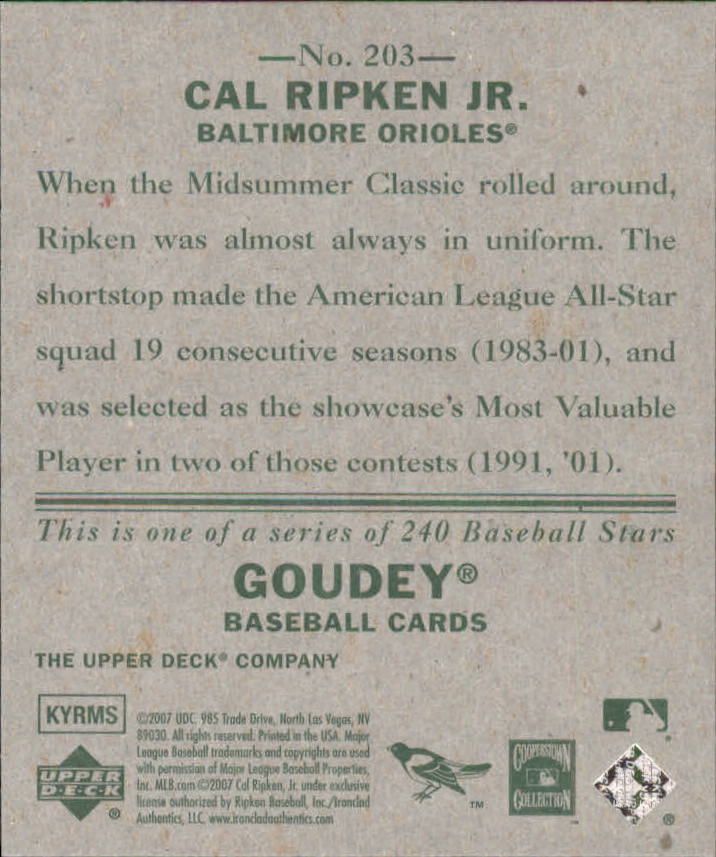 2007 Upper Deck Goudey #203 Cal Ripken Jr. SP back image