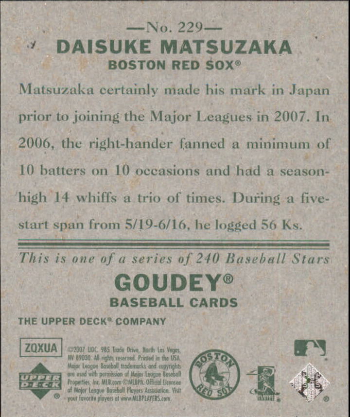 2007 Upper Deck Goudey #229 Daisuke Matsuzaka SP RC back image