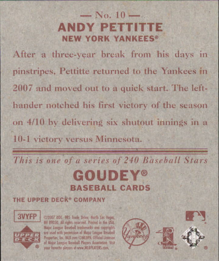 2007 Upper Deck Goudey Red Backs #10 Andy Pettitte back image