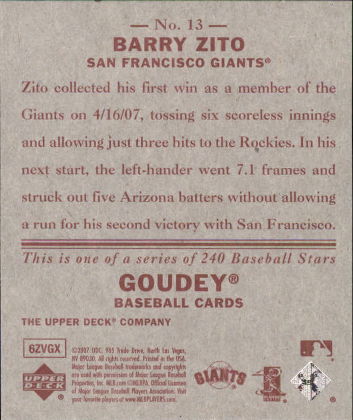 2007 Upper Deck Goudey Red Backs #13 Barry Zito back image