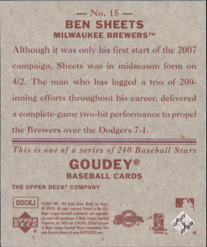 2007 Upper Deck Goudey Red Backs #15 Ben Sheets back image