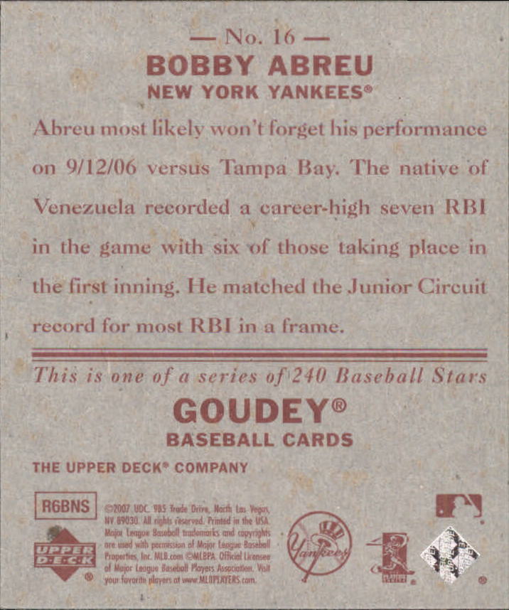 2007 Upper Deck Goudey Red Backs #16 Bobby Abreu back image