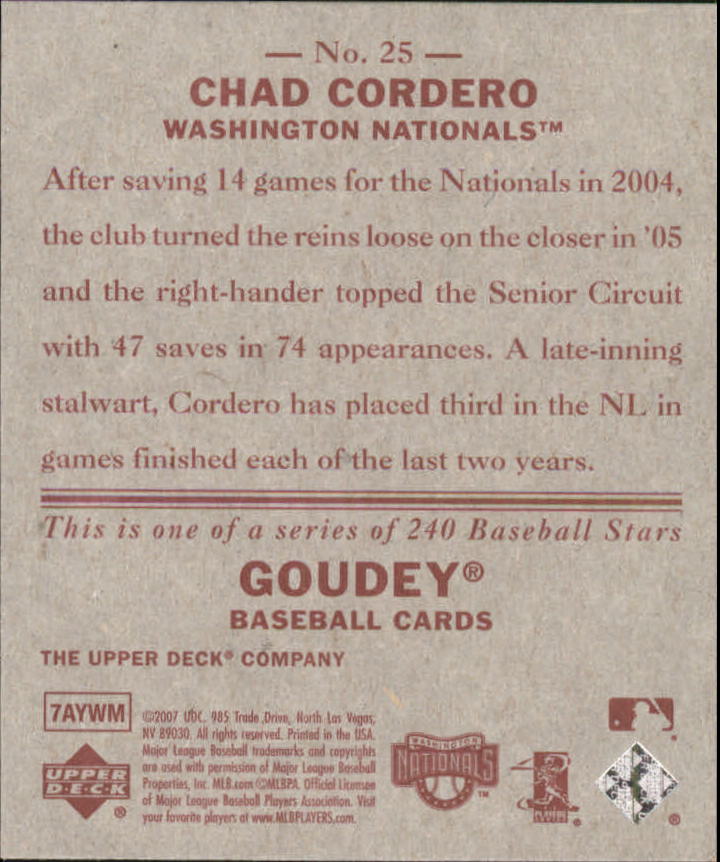 2007 Upper Deck Goudey Red Backs #25 Chad Cordero back image
