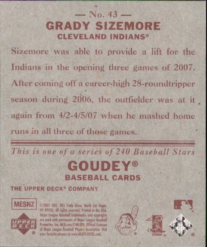 2007 Upper Deck Goudey Red Backs #43 Grady Sizemore back image