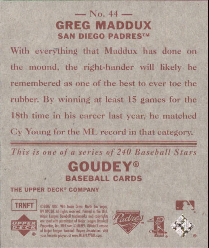 2007 Upper Deck Goudey Red Backs #44 Greg Maddux back image