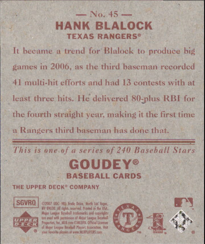2007 Upper Deck Goudey Red Backs #45 Hank Blalock back image