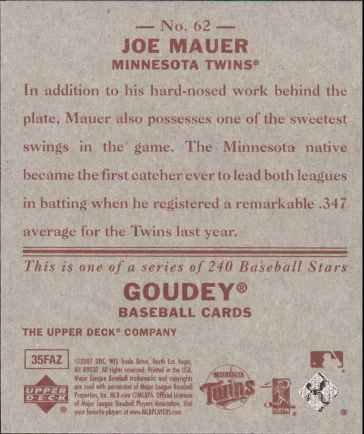 2007 Upper Deck Goudey Red Backs #62 Joe Mauer back image