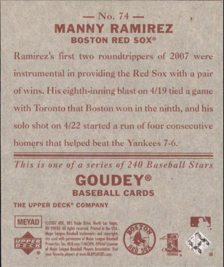2007 Upper Deck Goudey Red Backs #74 Manny Ramirez back image