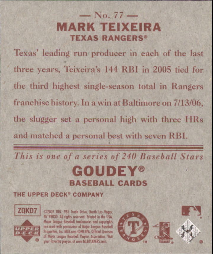 2007 Upper Deck Goudey Red Backs #77 Mark Teixeira back image