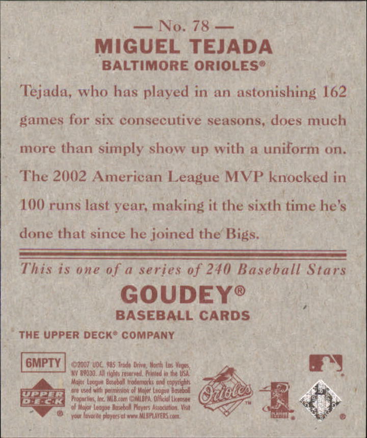2007 Upper Deck Goudey Red Backs #78 Miguel Tejada back image