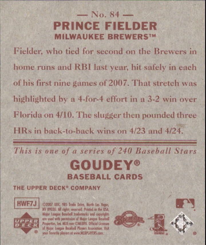 2007 Upper Deck Goudey Red Backs #84 Prince Fielder back image