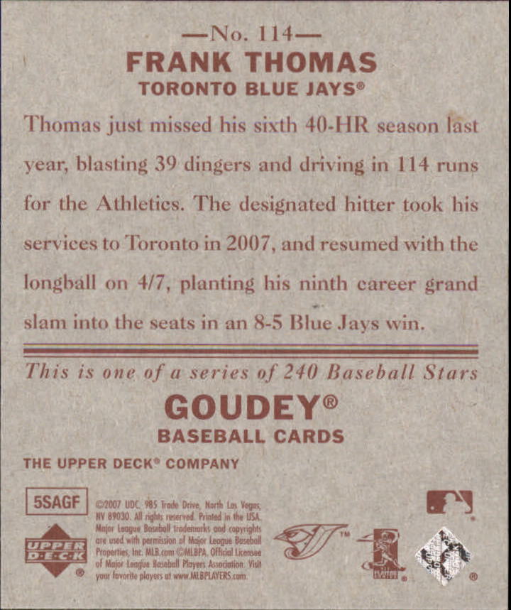 2007 Upper Deck Goudey Red Backs #114 Frank Thomas back image