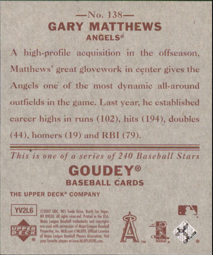 2007 Upper Deck Goudey Red Backs #138 Gary Matthews back image