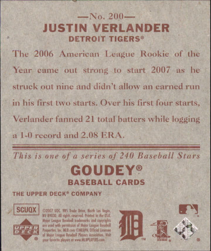 2007 Upper Deck Goudey Red Backs #200 Justin Verlander back image