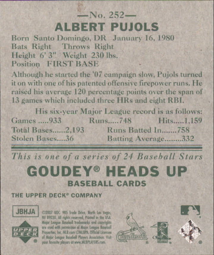 2007 Upper Deck Goudey Heads Up #252 Albert Pujols back image