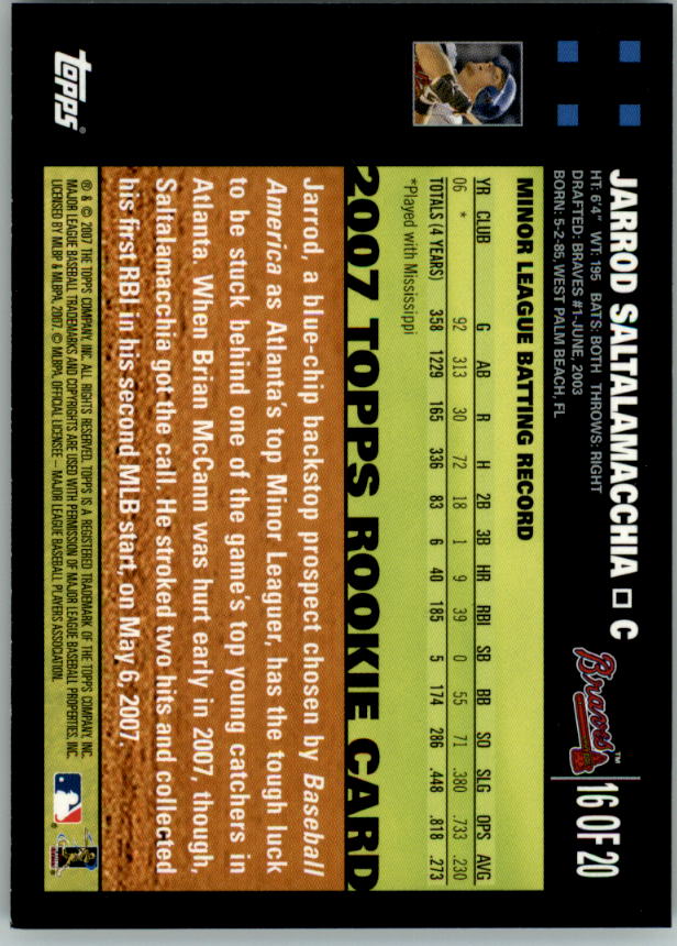 2007 Topps Factory Set Rookie Bonus #16 Jarrod Saltalamacchia back image