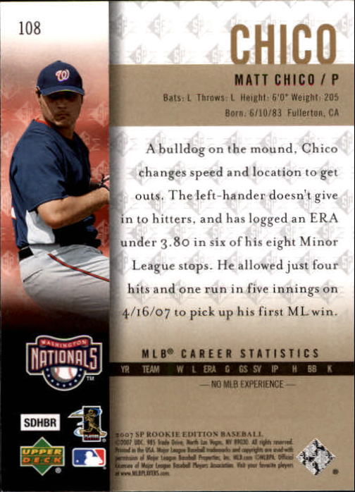 2007 SP Rookie Edition #108 Matt Chico (RC) back image