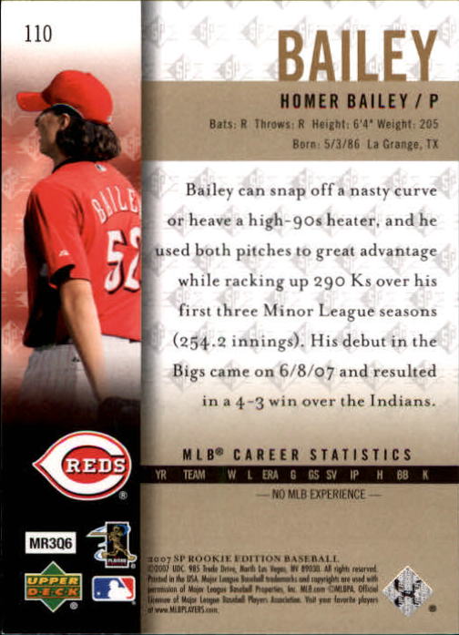 2007 SP Rookie Edition #110 Homer Bailey (RC) back image