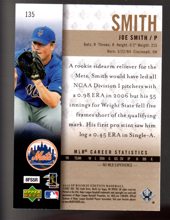 2007 SP Rookie Edition #135 Joe Smith RC back image