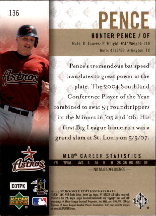 2007 SP Rookie Edition #136 Hunter Pence (RC) back image
