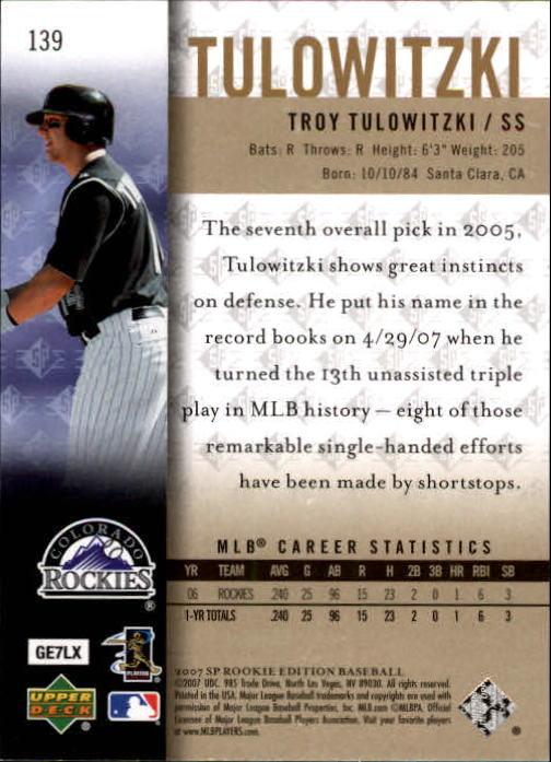 2007 SP Rookie Edition #139 Troy Tulowitzki (RC) back image