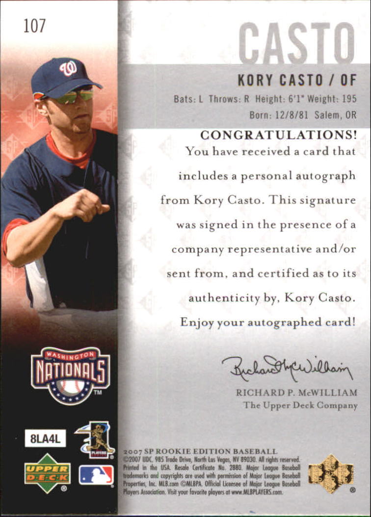 2007 SP Rookie Edition Autographs #107 Kory Casto back image