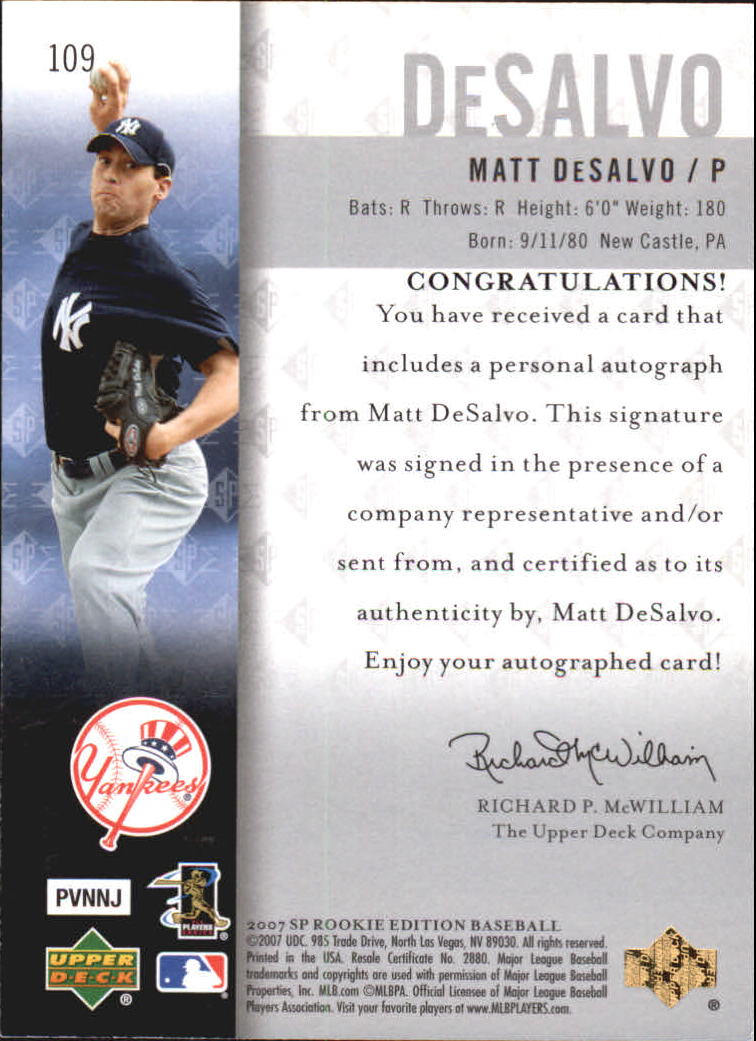 2007 SP Rookie Edition Autographs #109 Matt DeSalvo back image