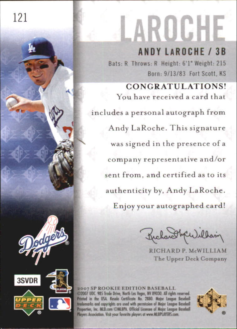 2007 SP Rookie Edition Autographs #121 Andy LaRoche back image