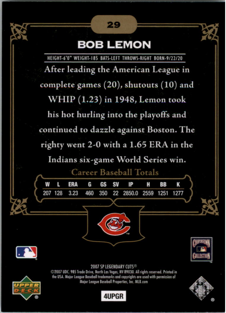 2007 SP Legendary Cuts #29 Bob Lemon back image