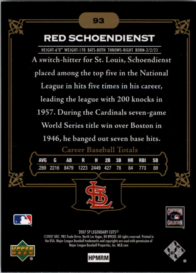 2007 SP Legendary Cuts #93 Red Schoendienst back image