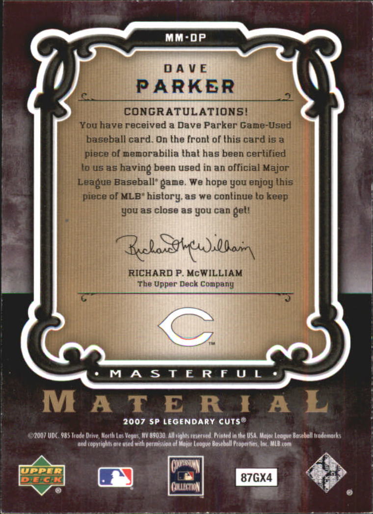 2007 SP Legendary Cuts Masterful Materials #DP Dave Parker back image