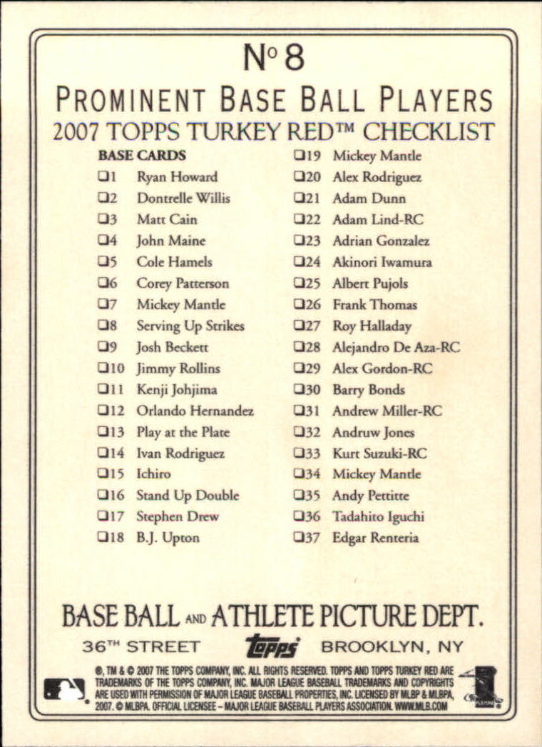 A5910- 2007 Topps Turkey Red Baseball Cards 1-186 -You Pick- 15+ FREE US SHIP - Picture 15 of 280