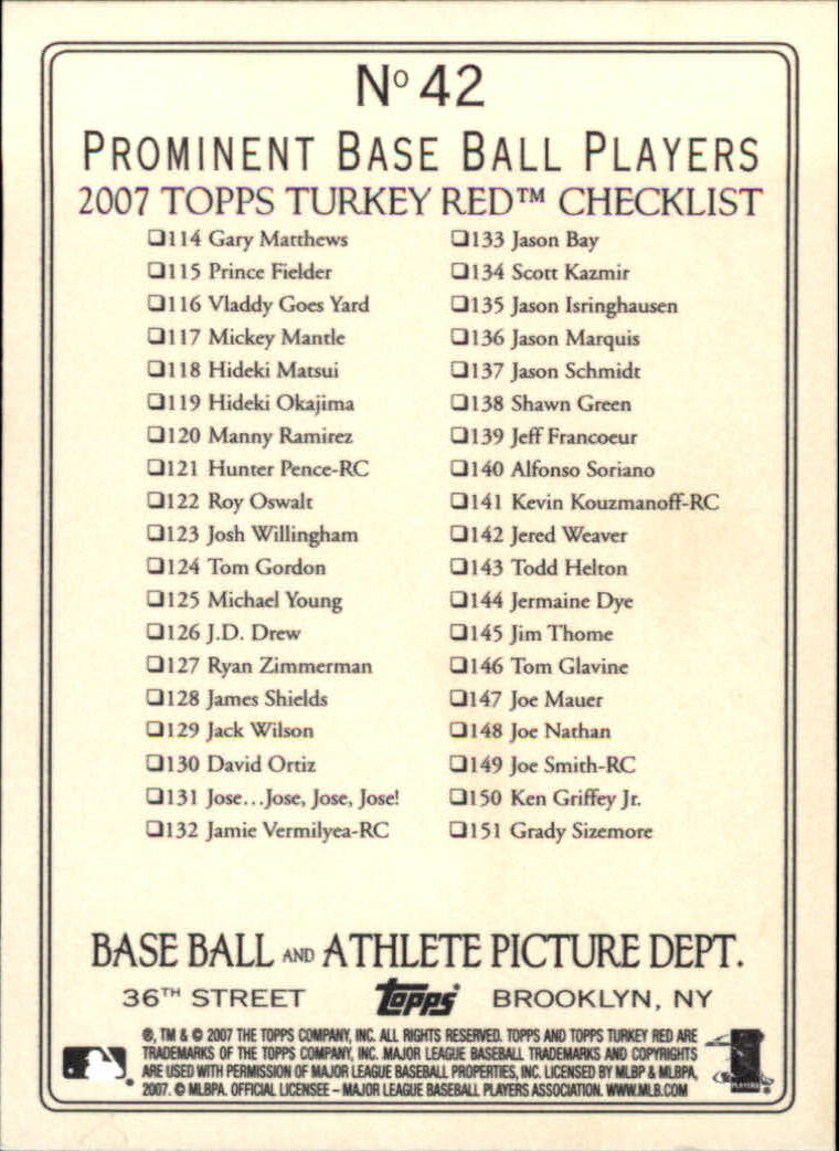 A5910- 2007 Topps Turkey Red Baseball Cards 1-186 -You Pick- 15+ FREE US SHIP - Picture 59 of 280