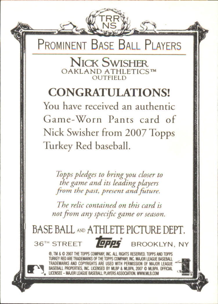 2007 Topps Turkey Red Relics #NS Nick Swisher Pants E back image
