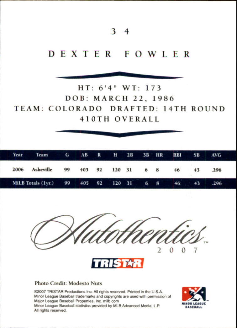 2007 TRISTAR Autothentics #34 Dexter Fowler back image