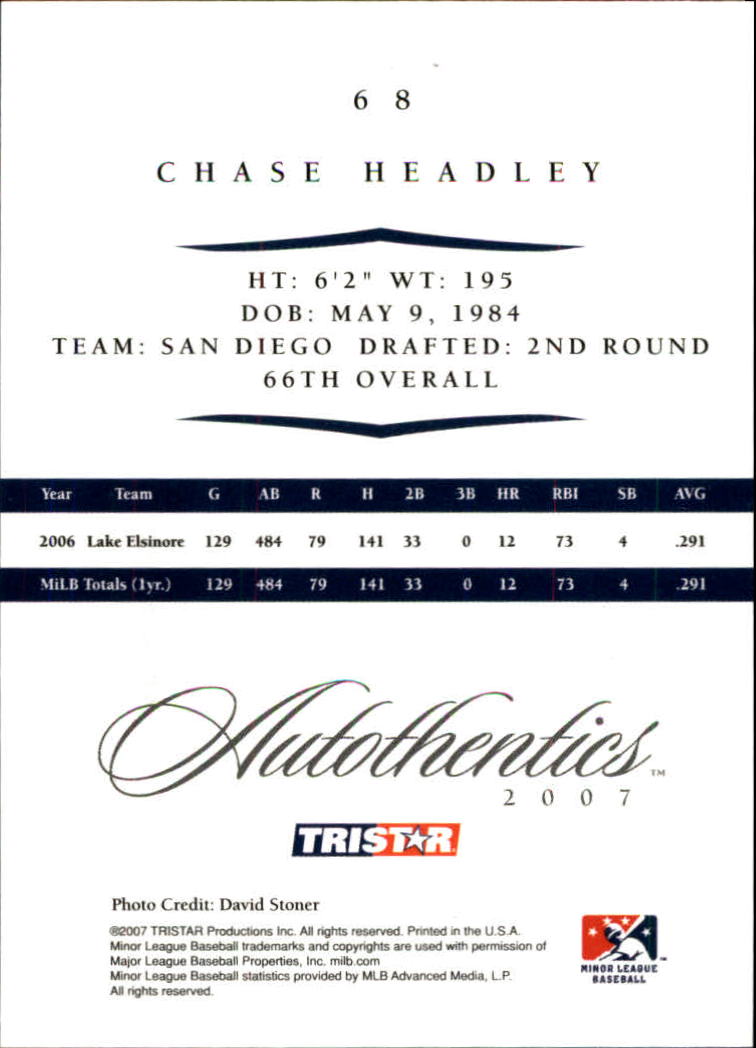 2007 TRISTAR Autothentics #68 Chase Headley back image