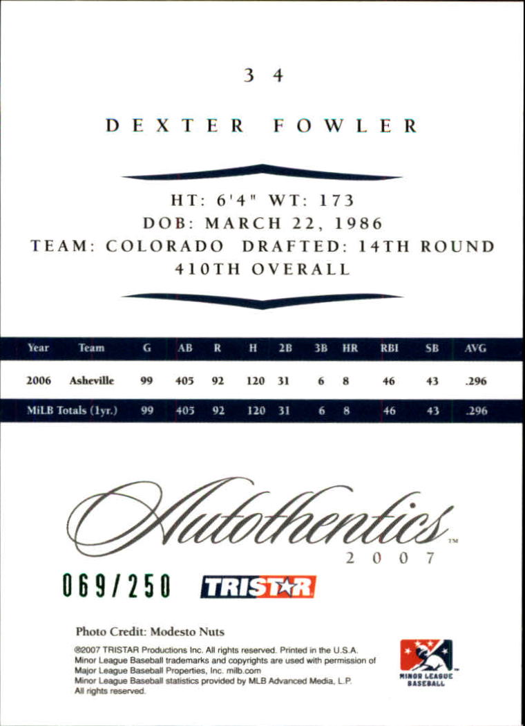 2007 TRISTAR Autothentics Green #34 Dexter Fowler back image
