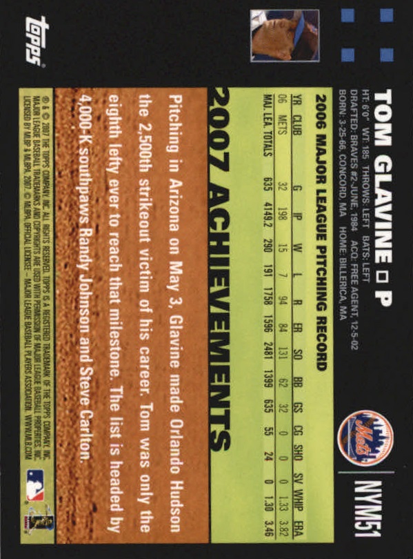 2007 Mets Topps Gift Set #NYM51 Tom Glavine back image