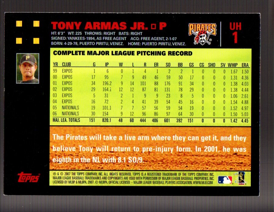 2007 Topps Update Red Back #1 Tony Armas Jr. back image