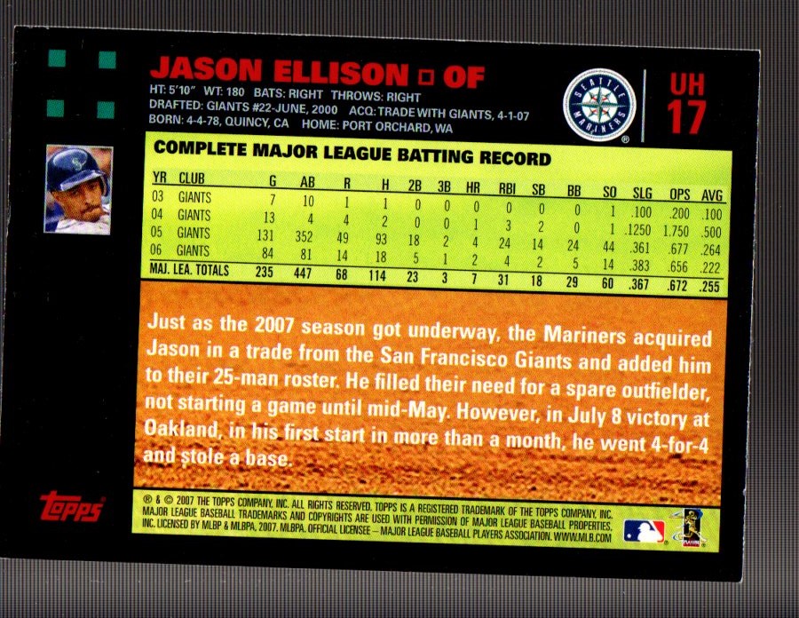 2007 Topps Update Red Back #17 Jason Ellison back image